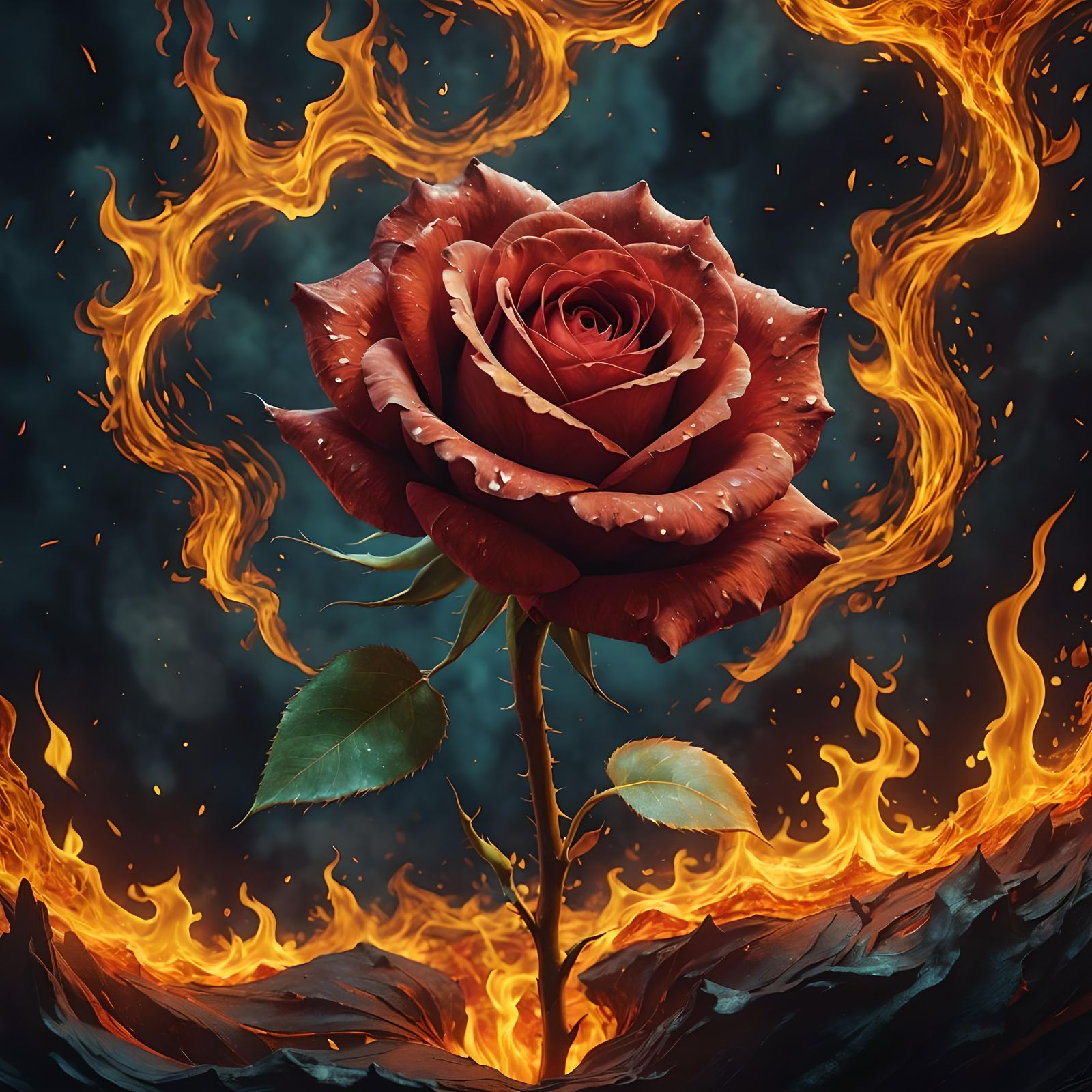 Rose Surrounded by Flames in Post-Impressionistic Style