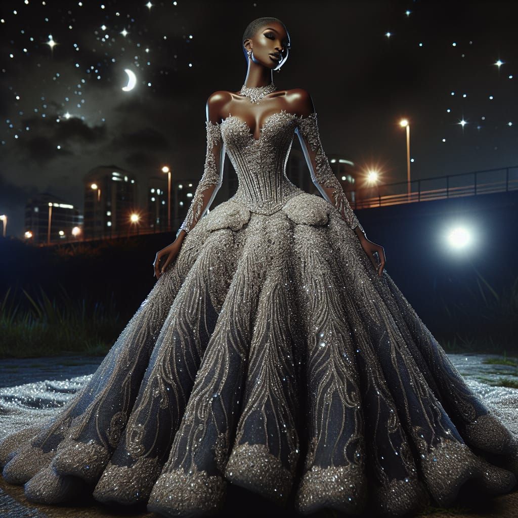 Elegant Woman in Vintage Gown Under Night Sky