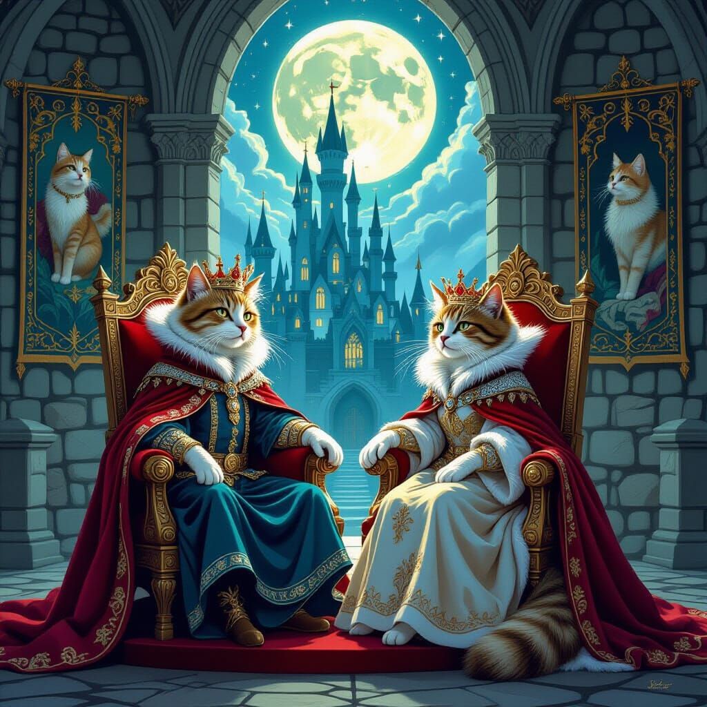 Regal Cat King and Queen in Moonlit Castle Hall