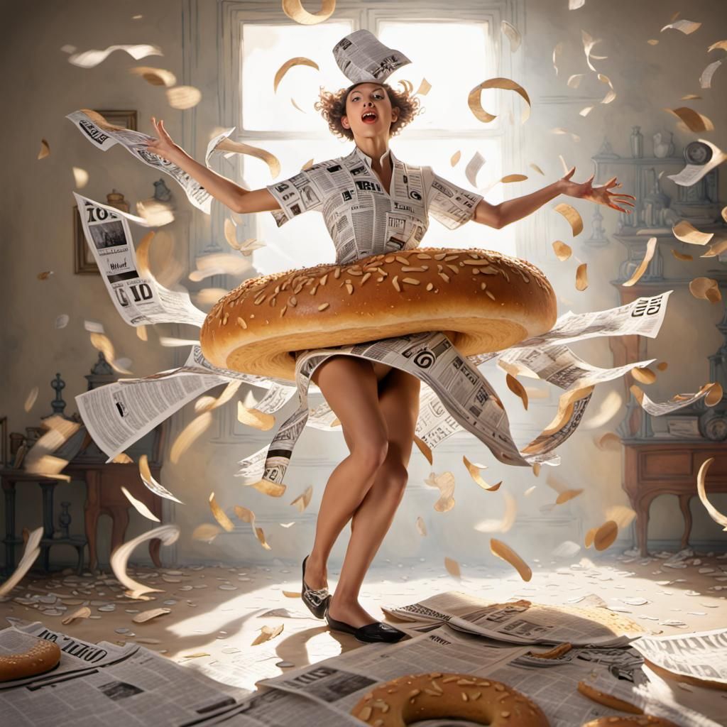 Newspaper Dancer on Bagel: Surrealist Dreamscape