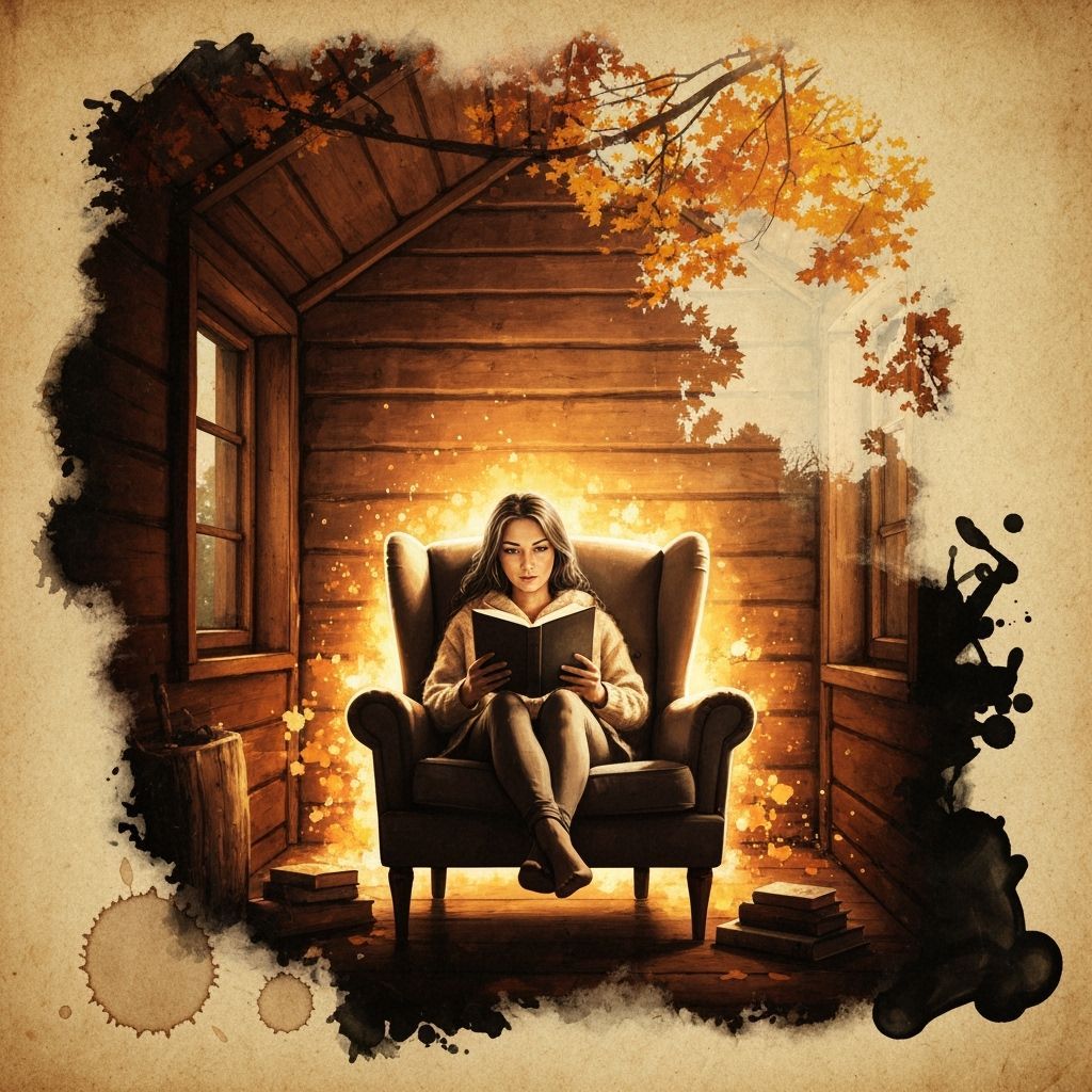 Cozy Cabin Reading Scene with Autumn Double Exposure