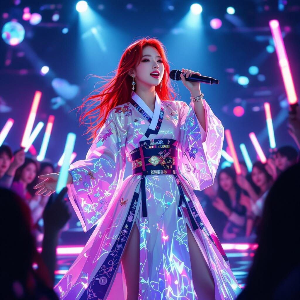 Futuristic K-Pop Star in Neon-Lit Performance
