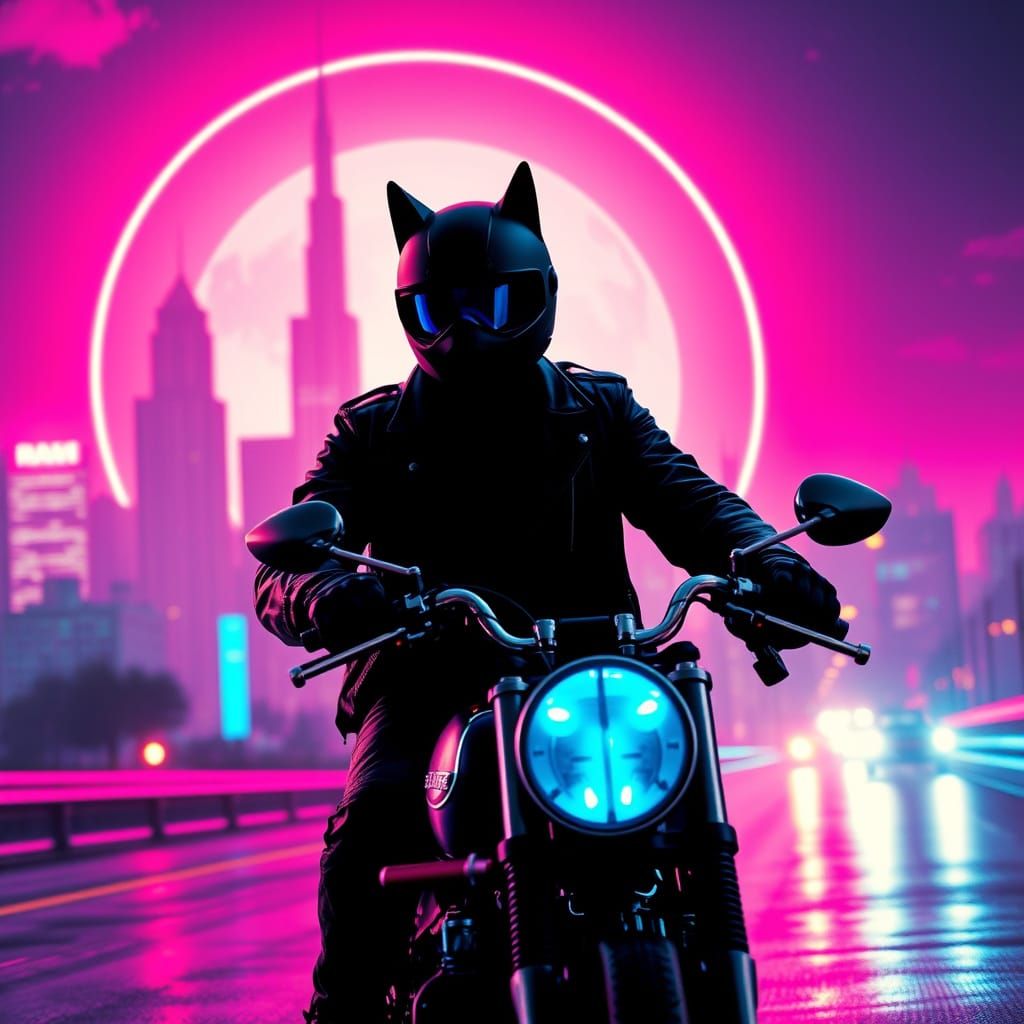 Biker in Retrowave Cityscape: Futuristic Noir