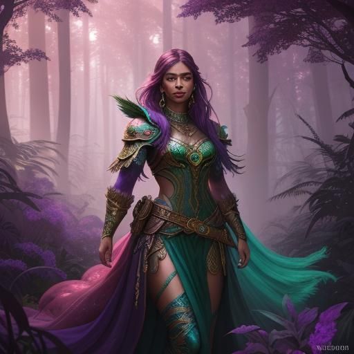 Peacock Haired Woman in Lush Fantasy Forest