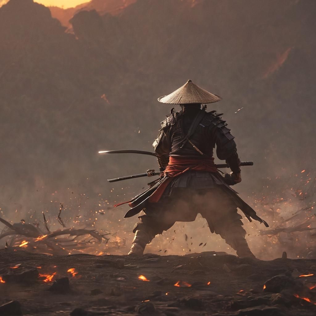 Samurai Duel in Fiery Sunset: Cinematic Digital Art
