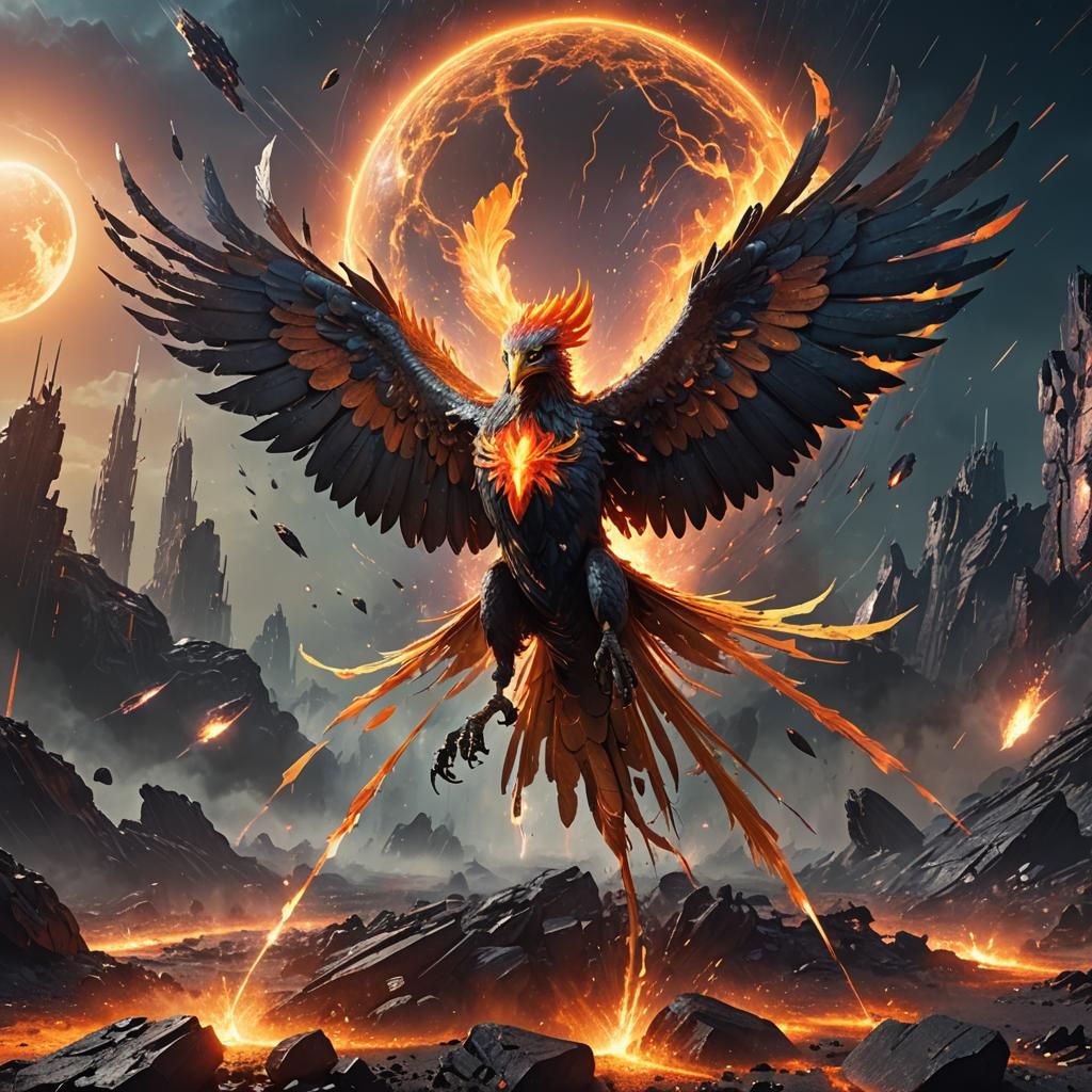 Fiery Phoenix in Alien Landscape, Hyperrealistic Digital Art