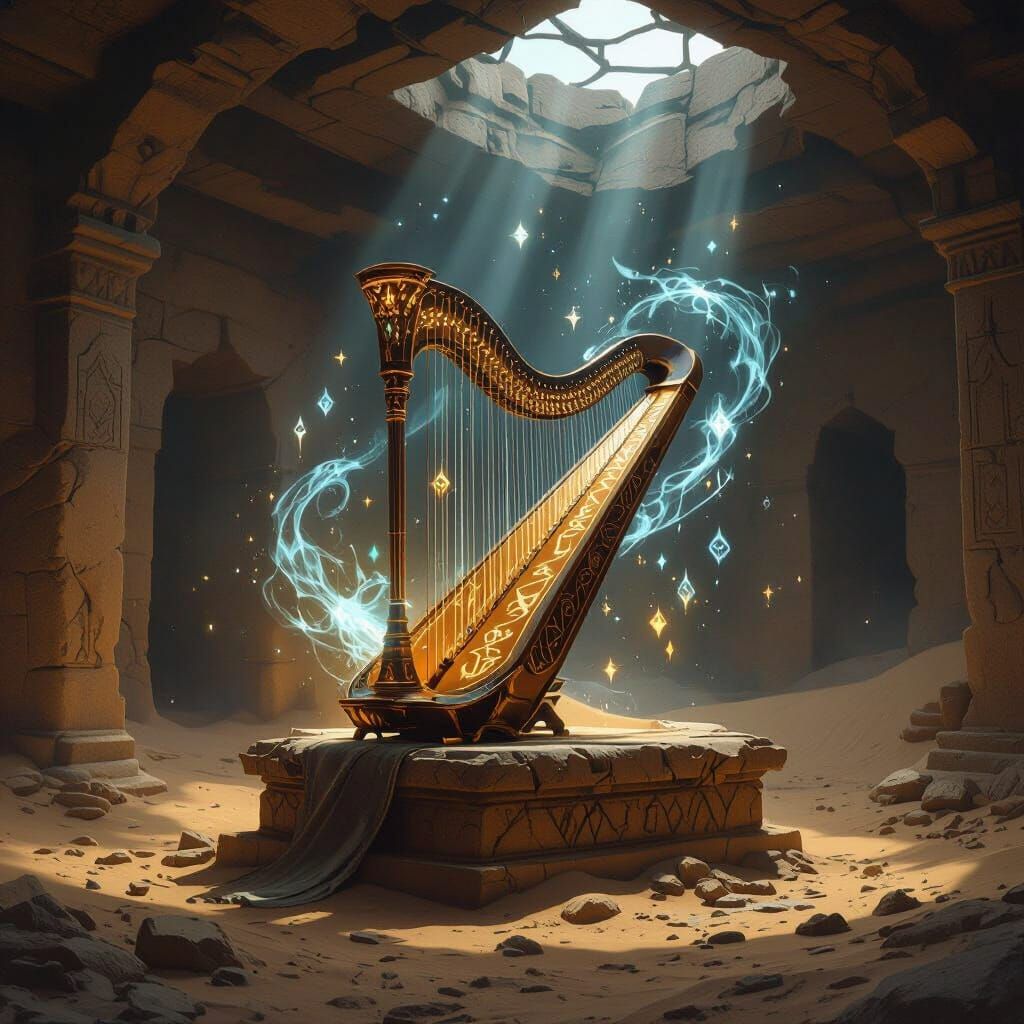 Magical Harp-Guitar on Altar in Desert Temple