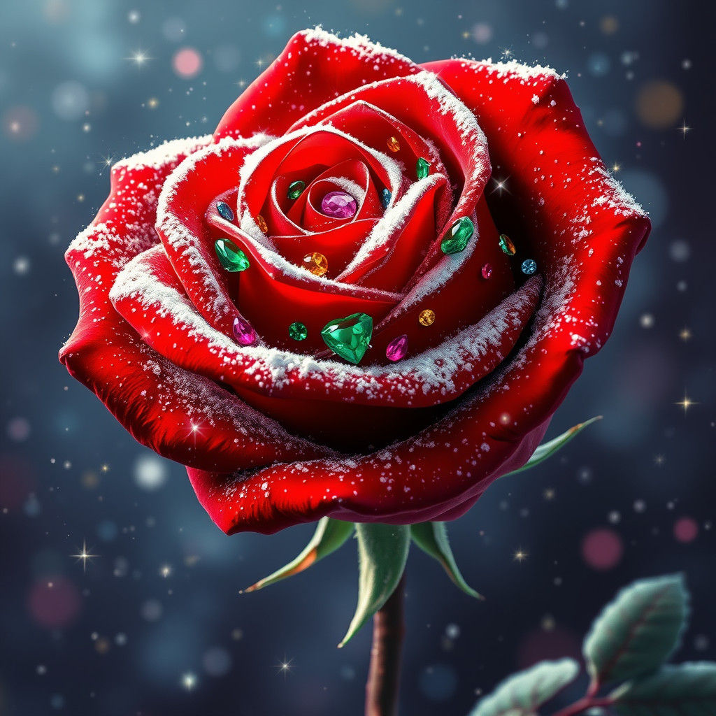Gem-Encrusted Red Rose in Snow, Klimt Style