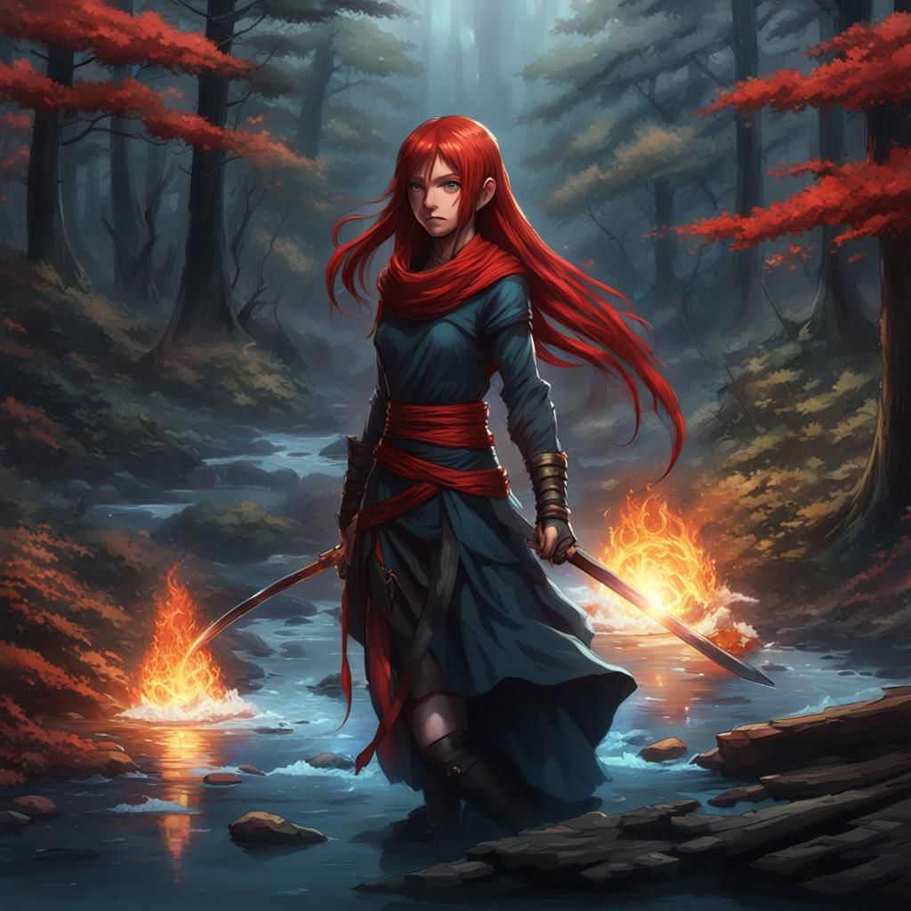 Red-Haired Assassin Princess in Dark Fantasy Forest