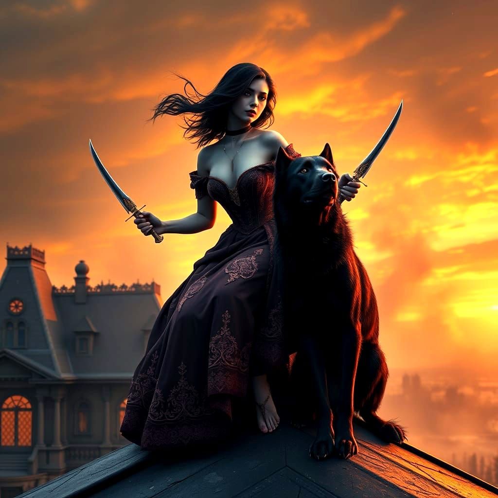 Dark Fantasy Princess on Rooftop