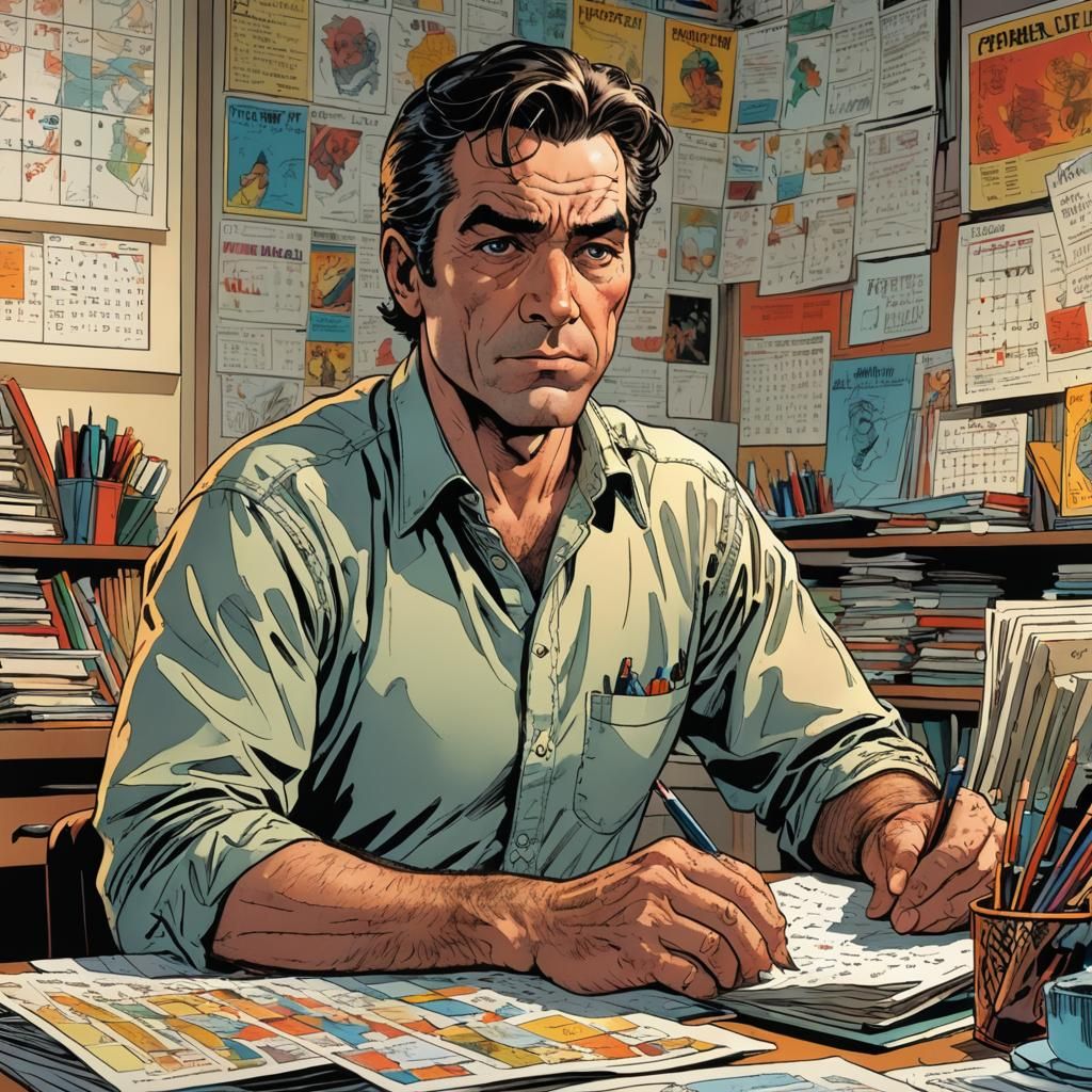 Man Stares at Calendar in Comic Book Style