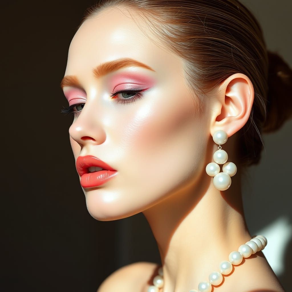 Model with Pearl Earrings and Pink Makeup, High Contrast Pho...