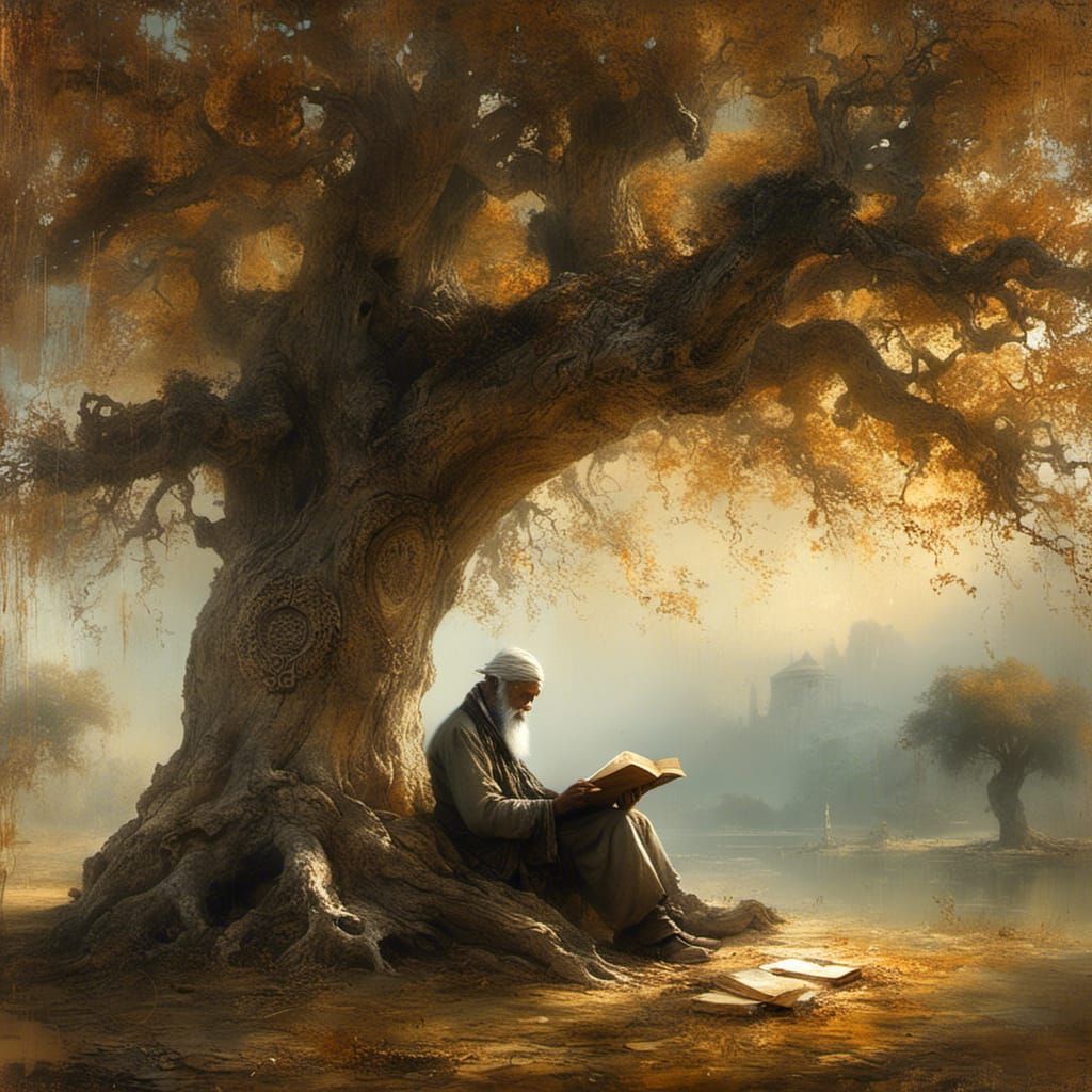 Contemplative Reading Under Ancient Oak Tree