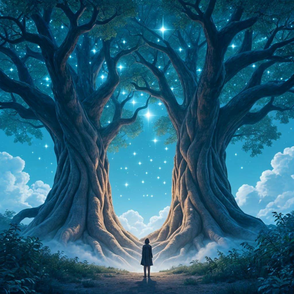 Two Colossal Trees With Star Canopy, Symbolizing Eternal Bon...