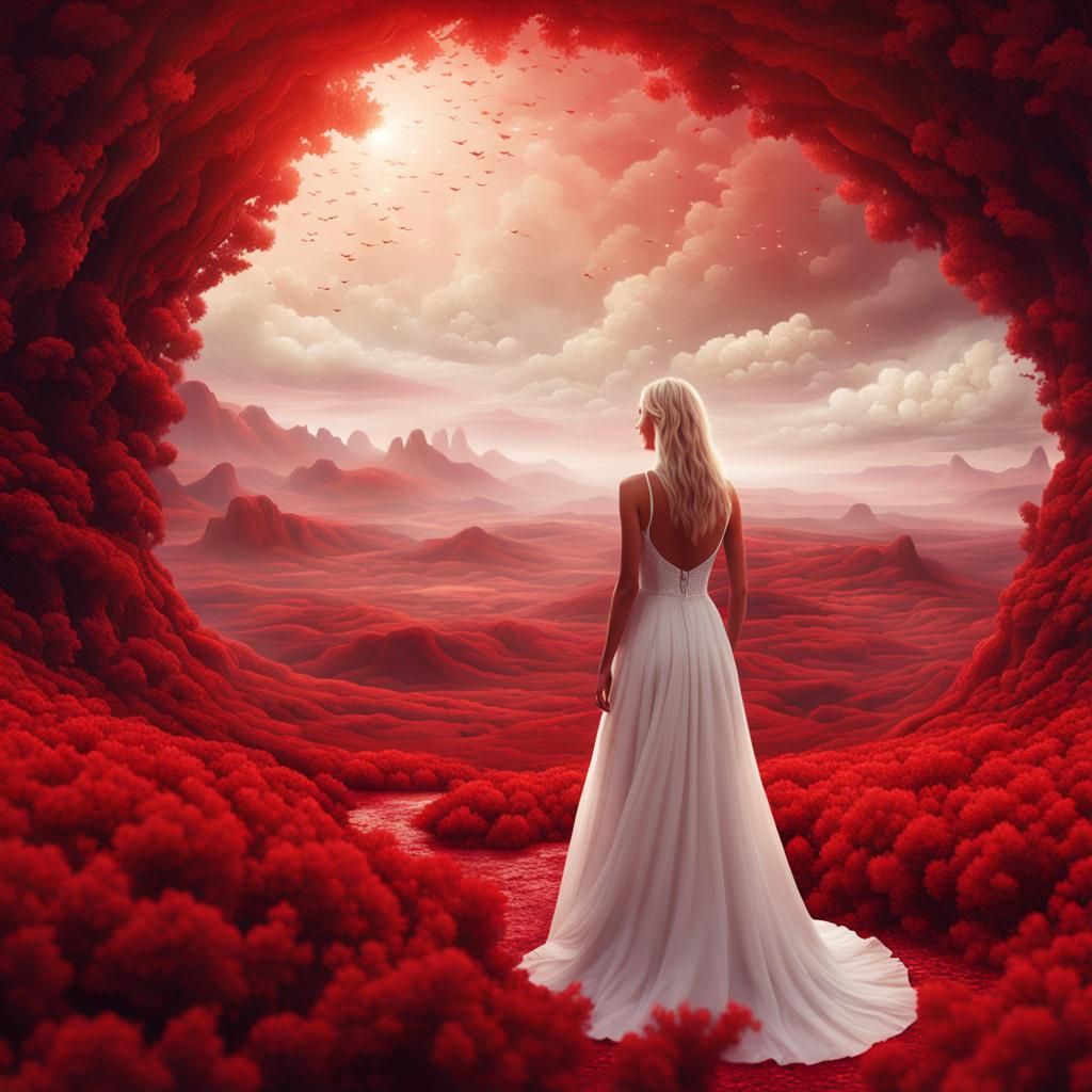Blonde Woman in Red Landscape: Digital Matte Painting