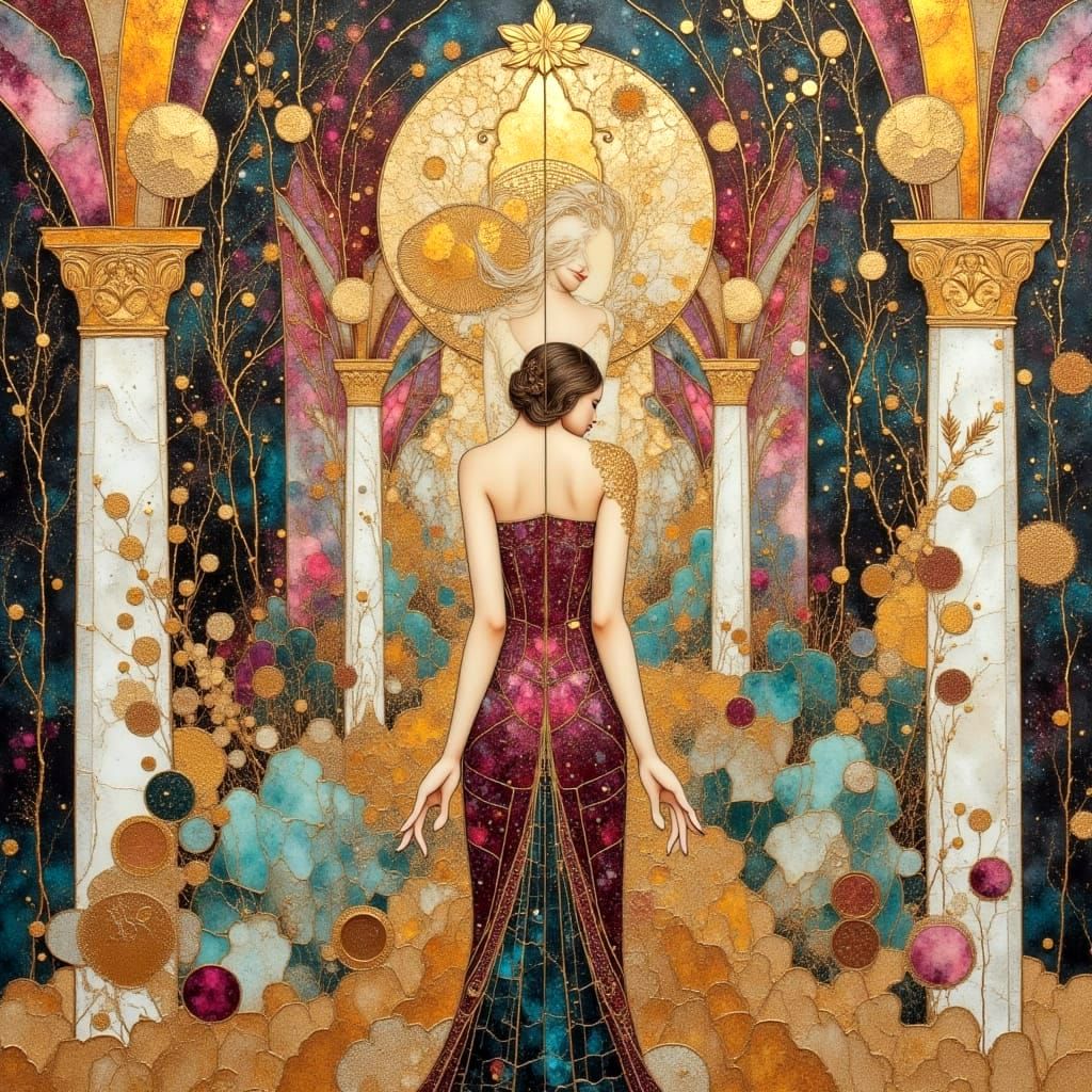 Woman with Art Deco Architecture, Mixed Media Collage