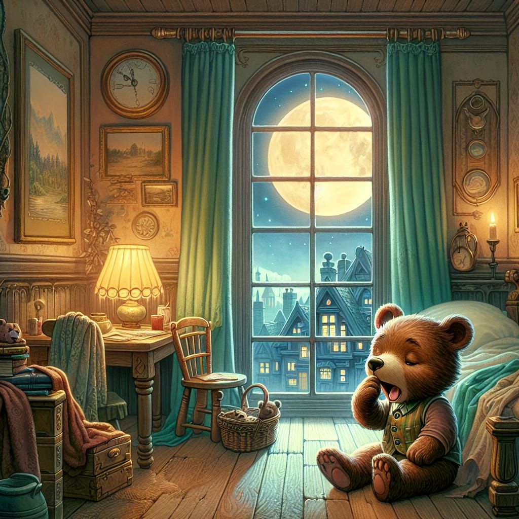 Sleepy Brown Bear Yawning in Cozy Bedroom