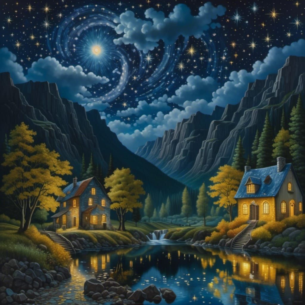 Ethereal Waterfall in Starry Surrealist Style