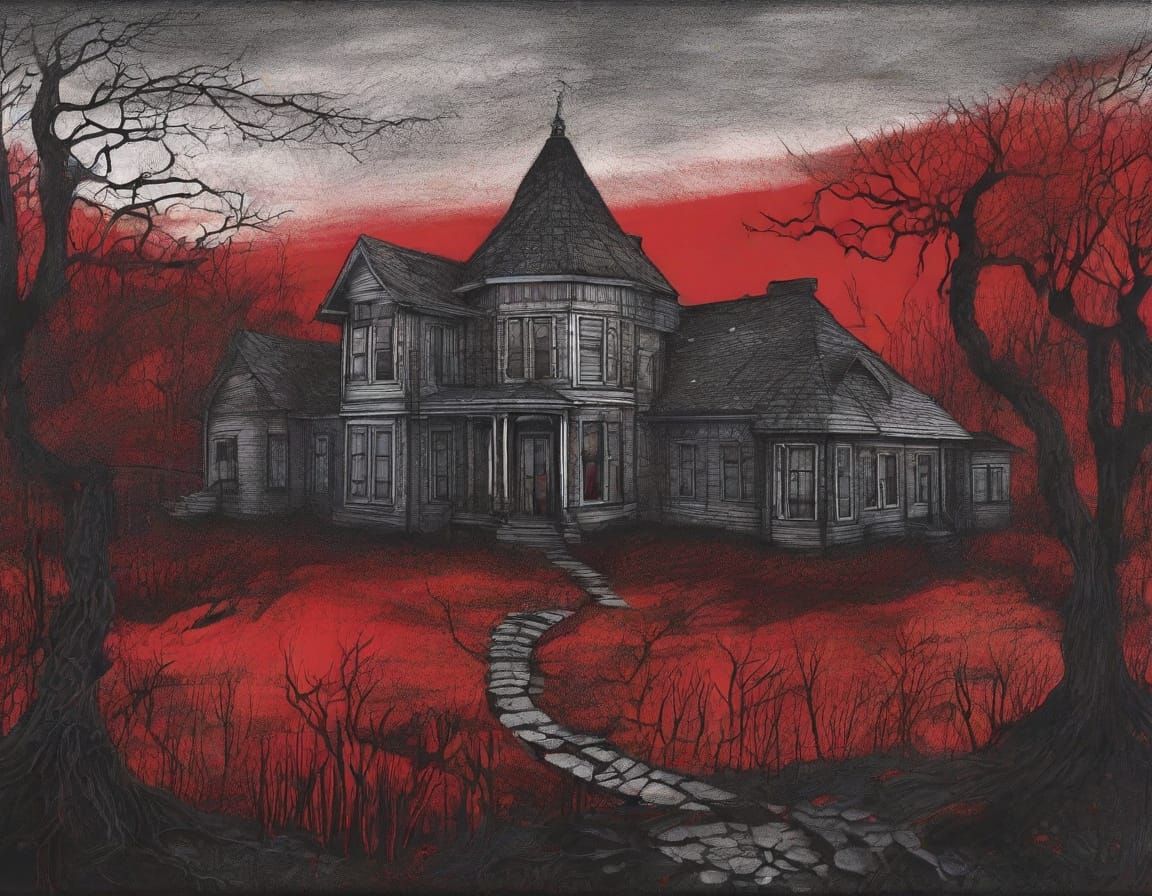 Ominous Black and Red Horror Landscape in Monochromatic Ink