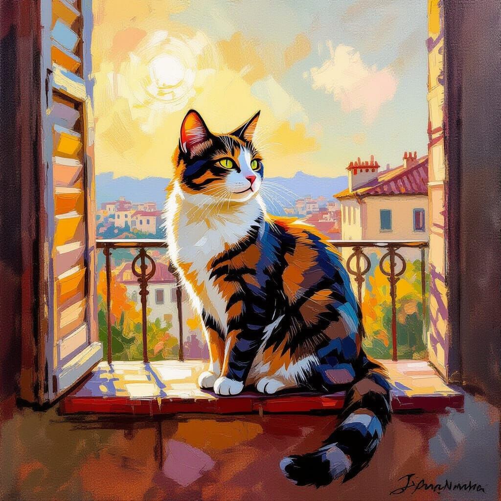 Cat on Balcony in Oil Painting Style