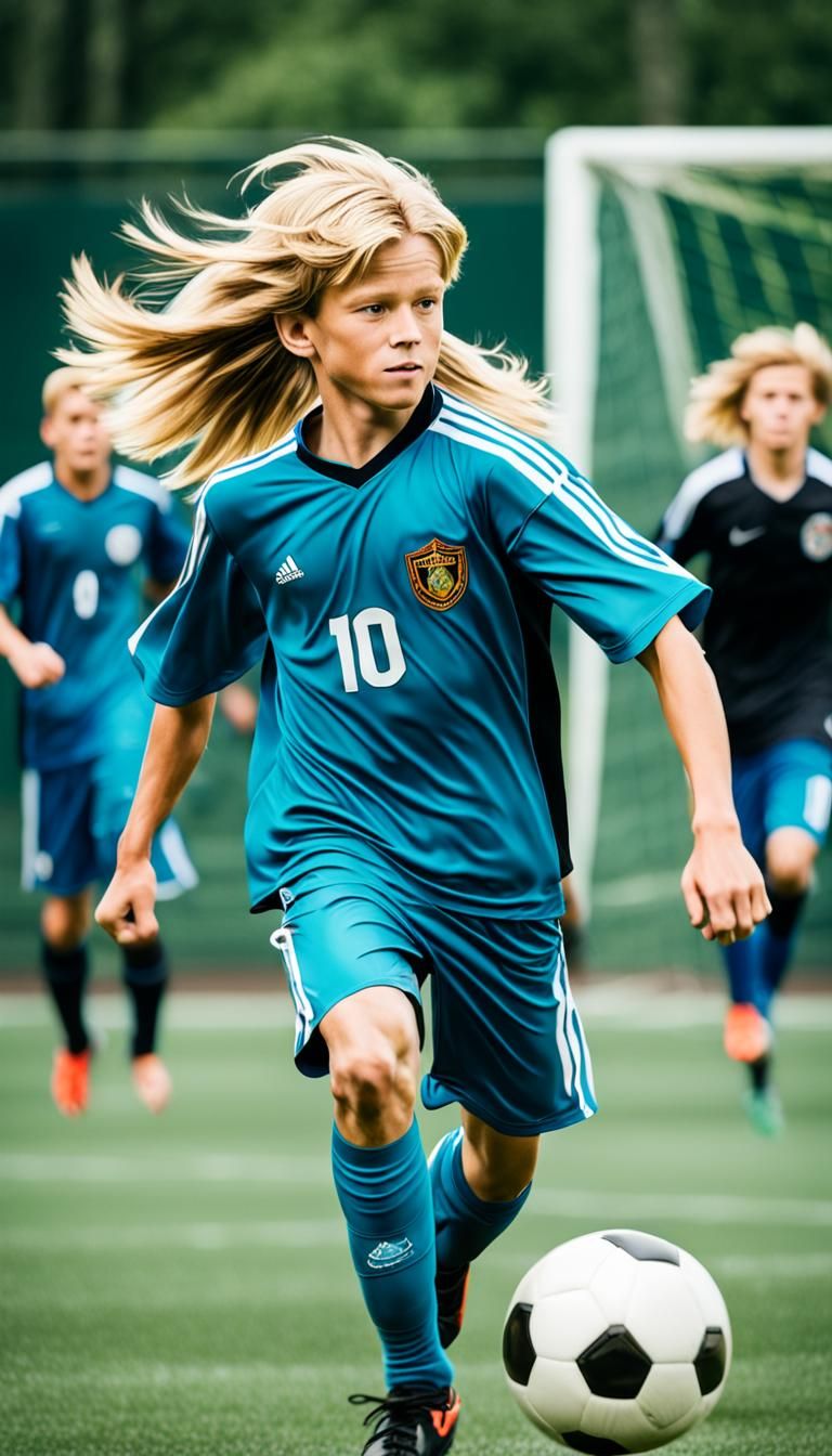 Blonde Boy Kicking Soccer Ball in Action