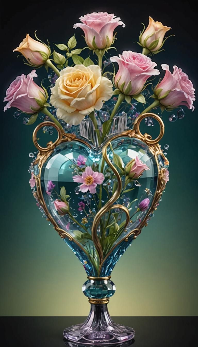 Flowers in a beautiful heart-shaped crystal vase.
