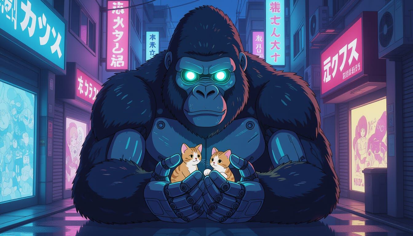 Cybernetic Gorilla Cradles Kitten in Anime Style