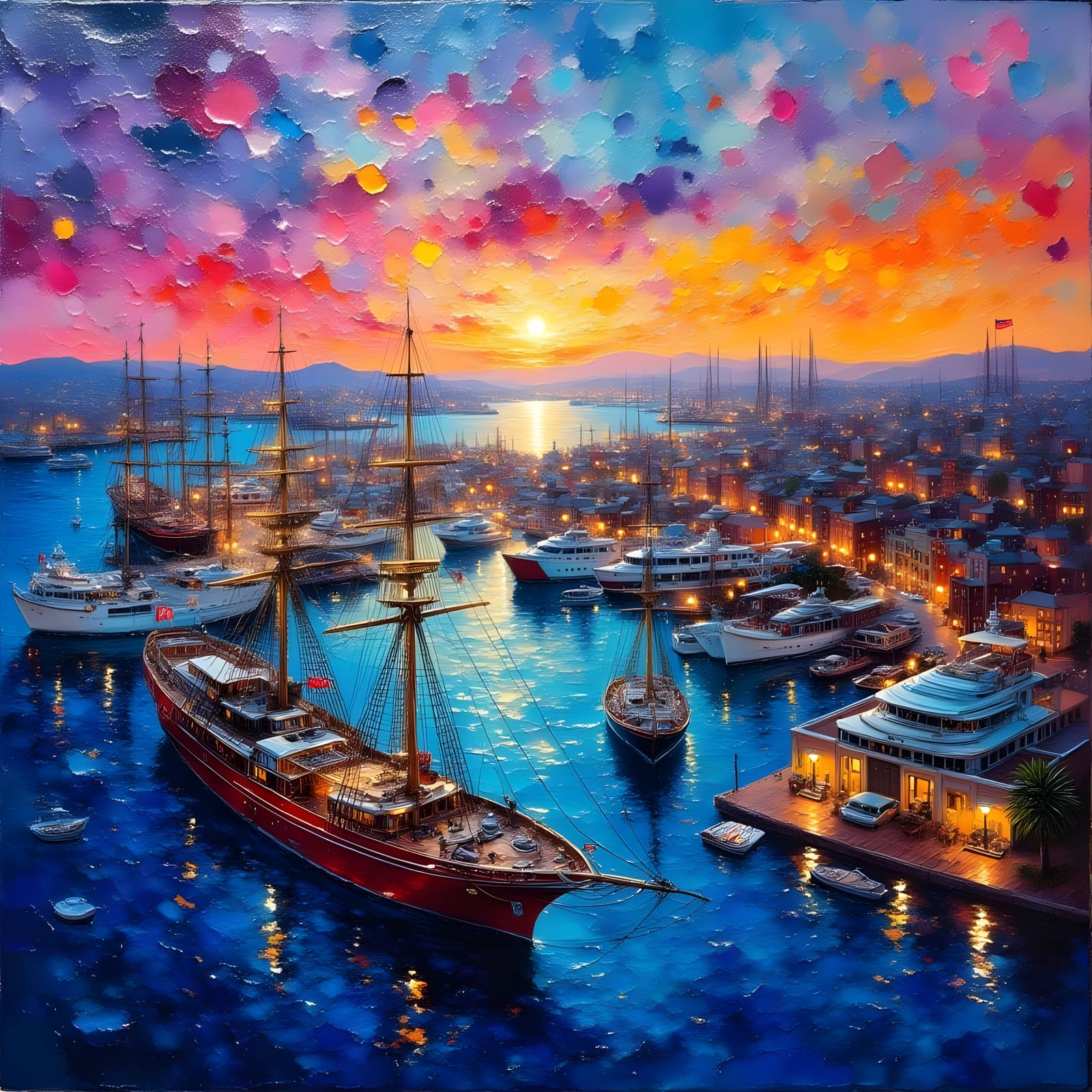 Vivid Neo-Impressionist Harbor Scene at Dusk