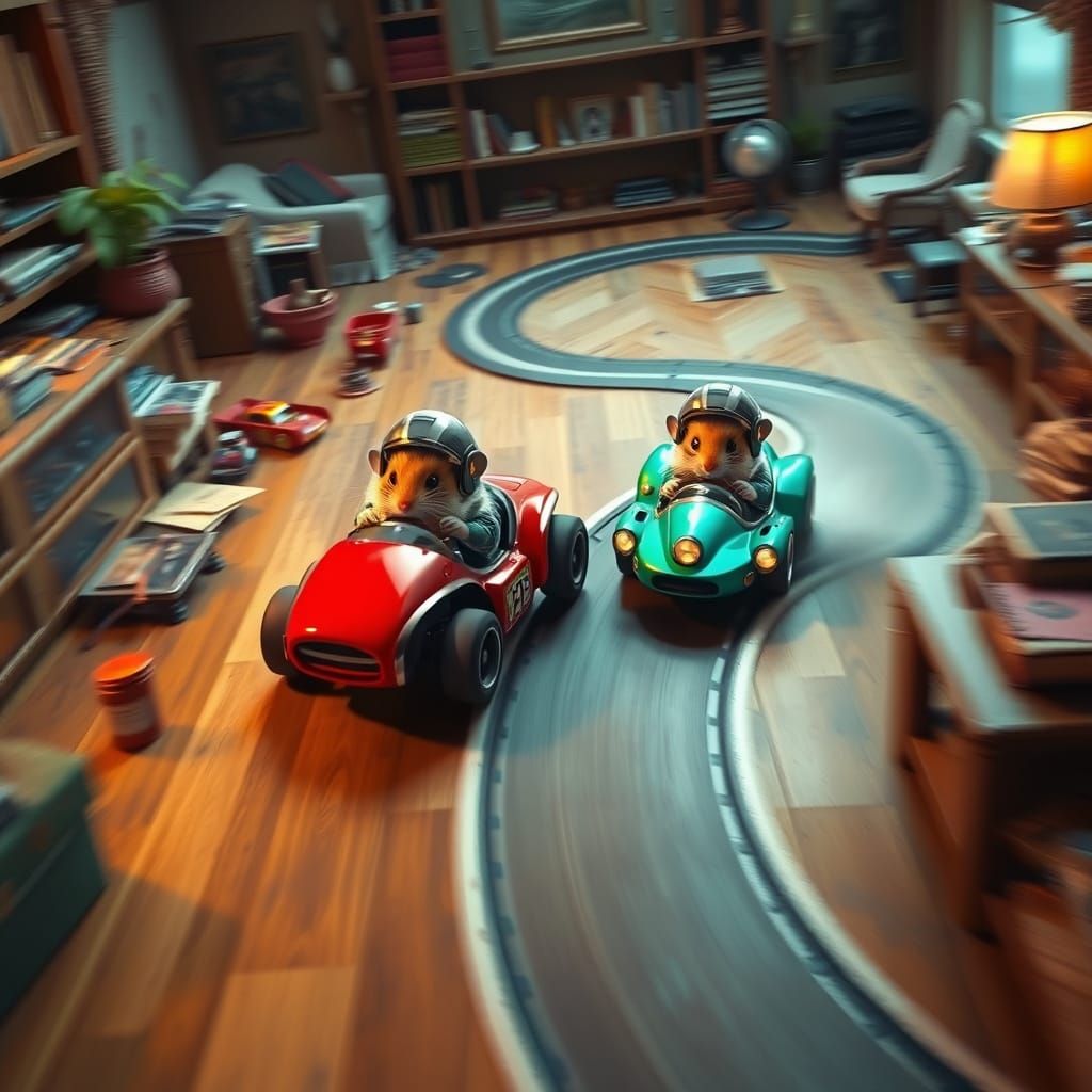 Hamsters Driving Racing Cars in a Hyperrealistic Living Room