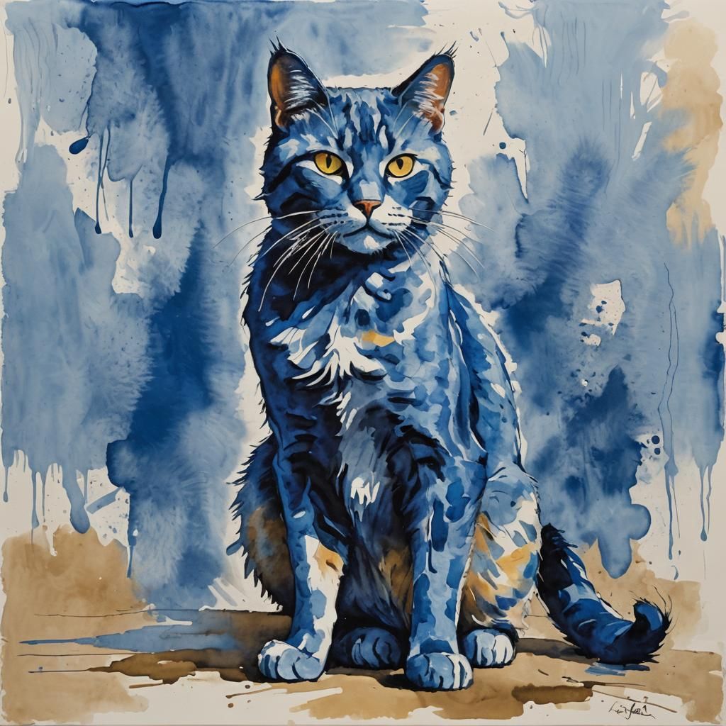 Blue Cat in Gouache Style, 8k Resolution