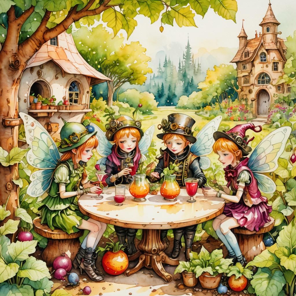 Fairies in Steampunk Garden, Watercolor Illustration