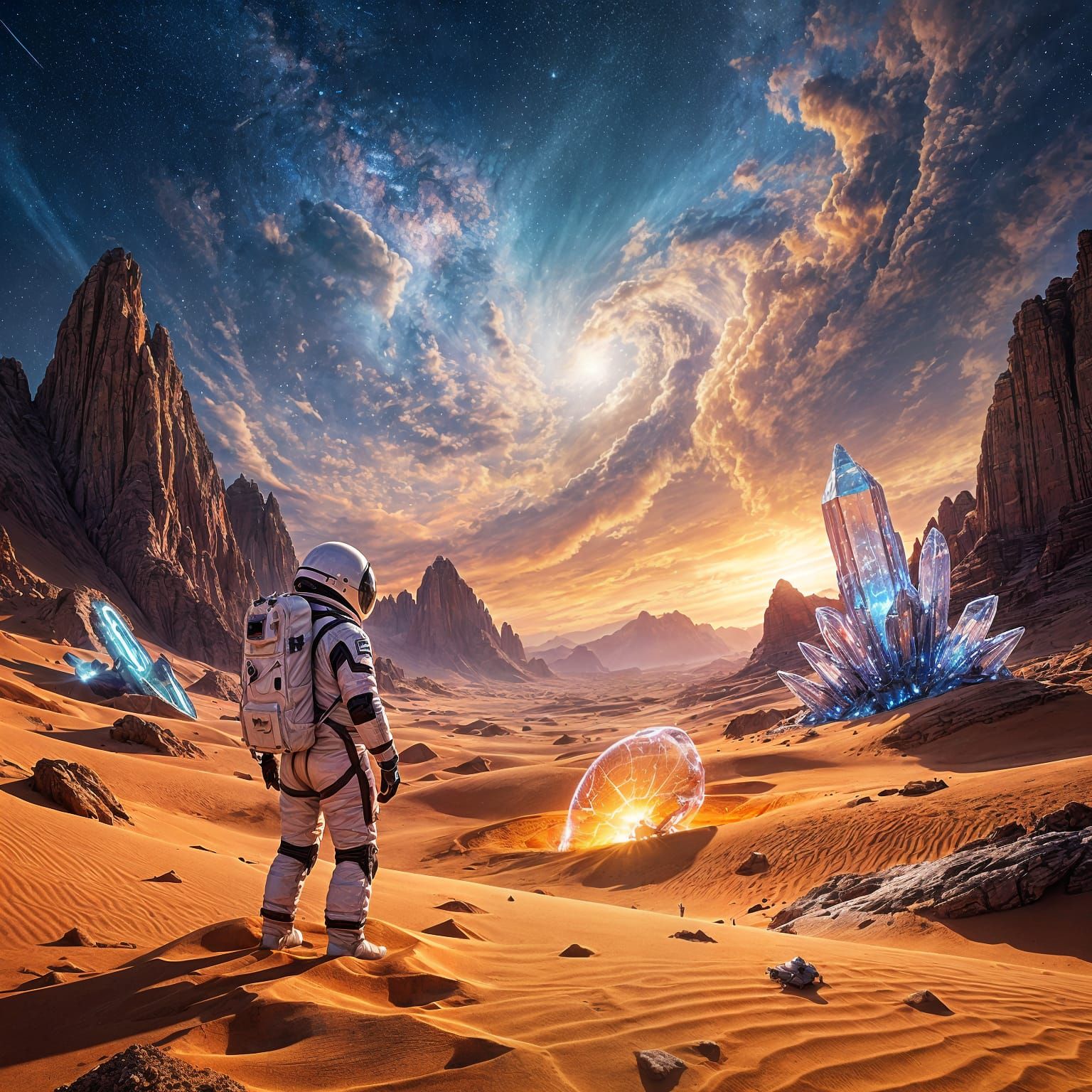 Astronaut Discovers Alien Artifact Amidst Crystalline Desert
