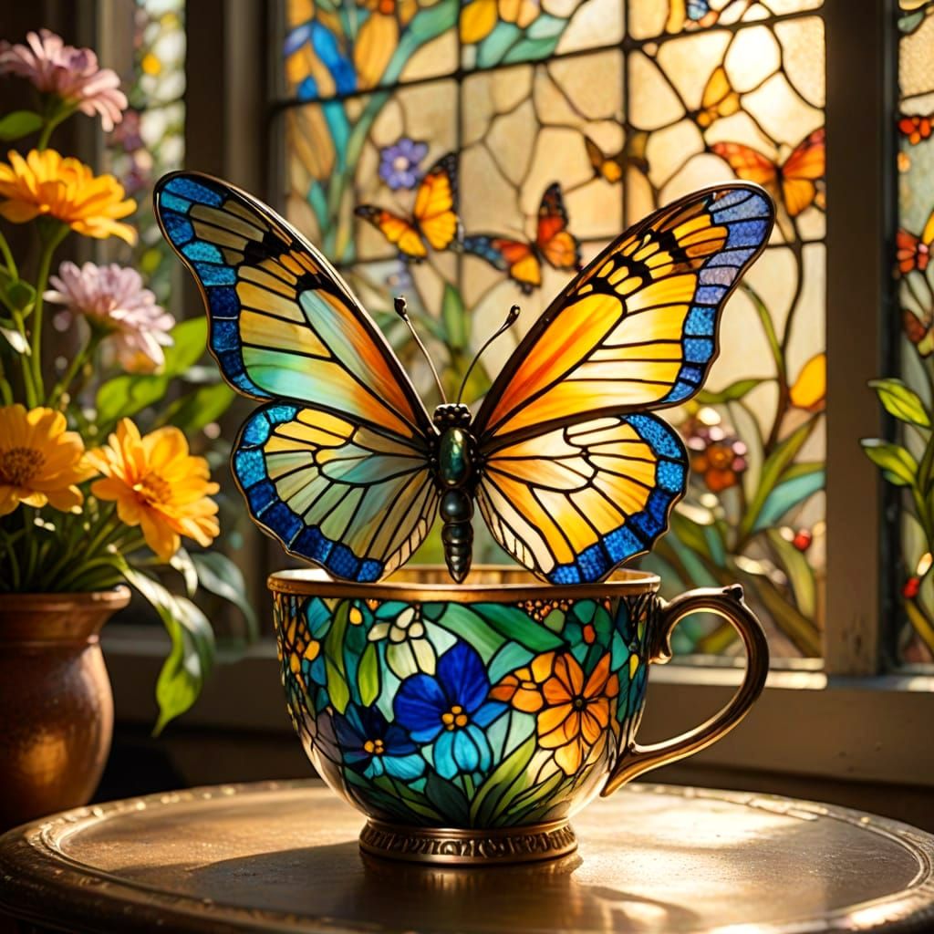 Glass Butterfly Lands on Floral Teacup Planter in Golden Hou...