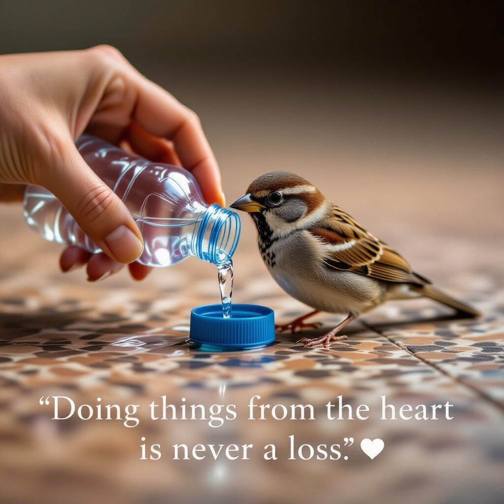 Sparrow Drinks from Hand in Touching Portrait