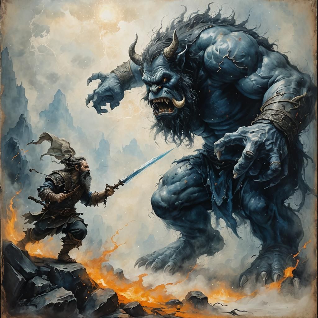 Dark Fantasy Battle Art in Ink Wash Oil Style