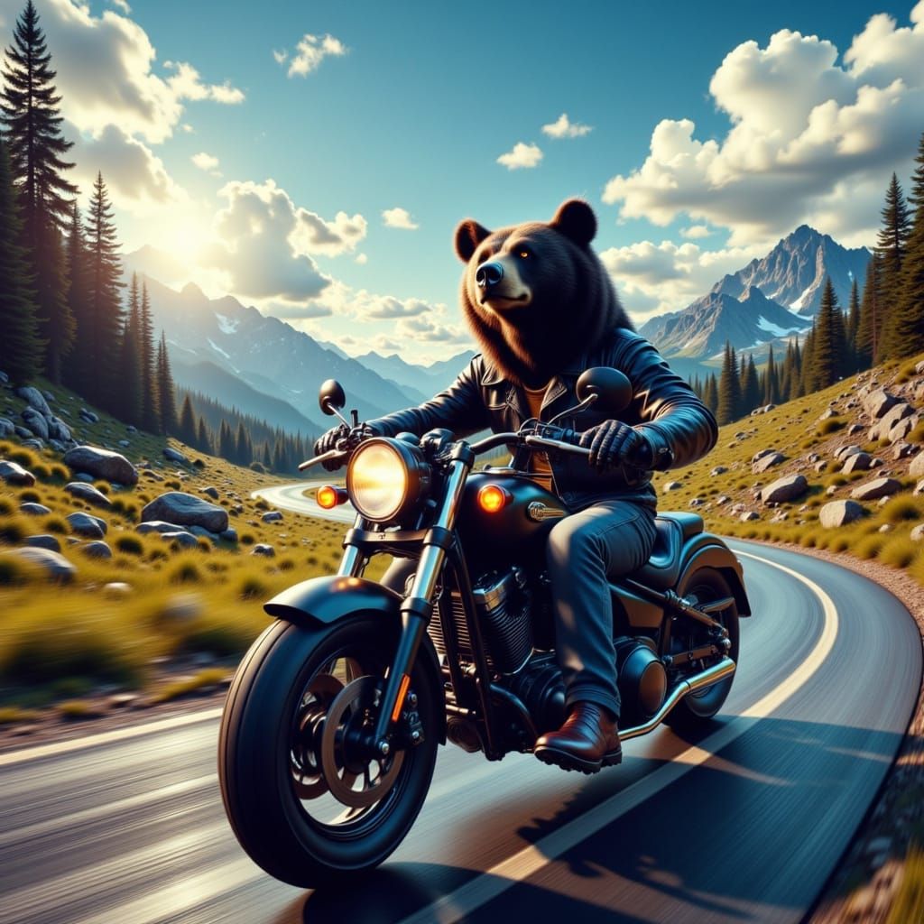 Bear on Motorcycle in Futuristic Style