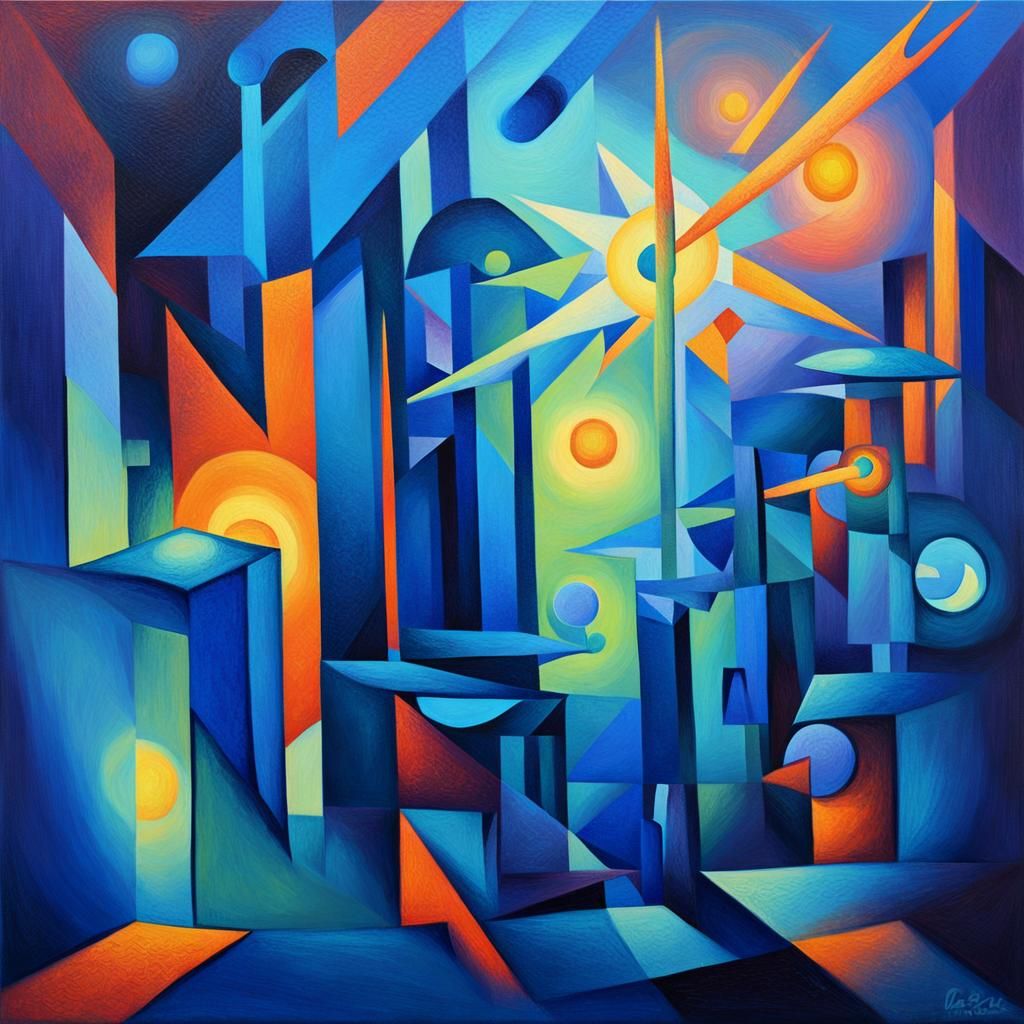 Glowing Staff Radiates Blue Light in Cubist Style