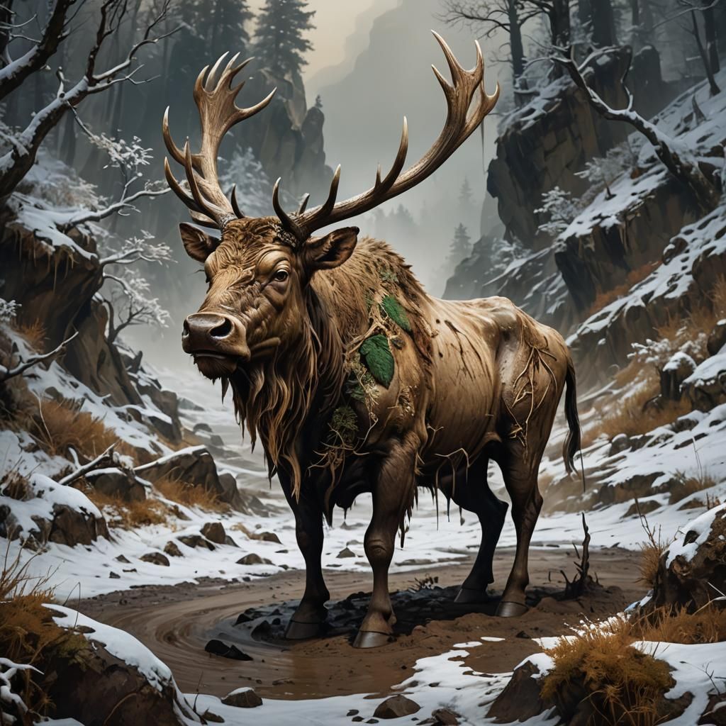 Camouflaged Bull-like Creature in Snowy Mountain