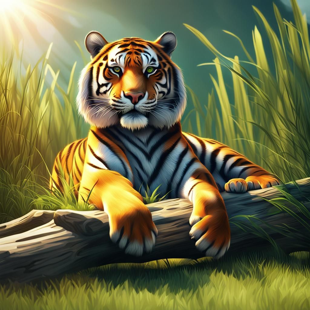 Surreal Tiger in Serene Grasslands