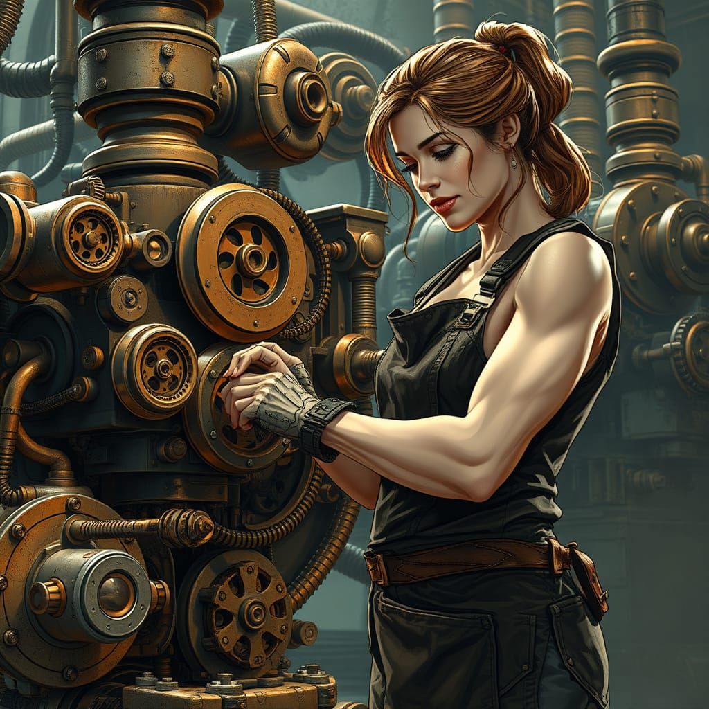 Steampunk Mechanic Repairs Robot in Industrial Setting