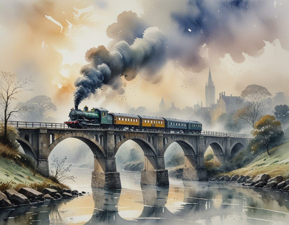 Misty Train Crossing a Foggy Bridge