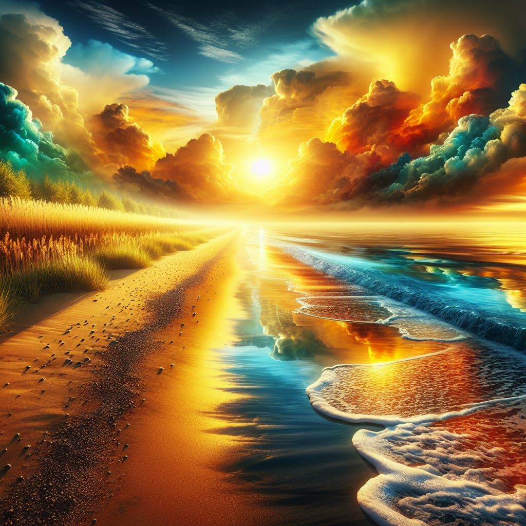 Dramatic Beach Sunset Digital Illustration