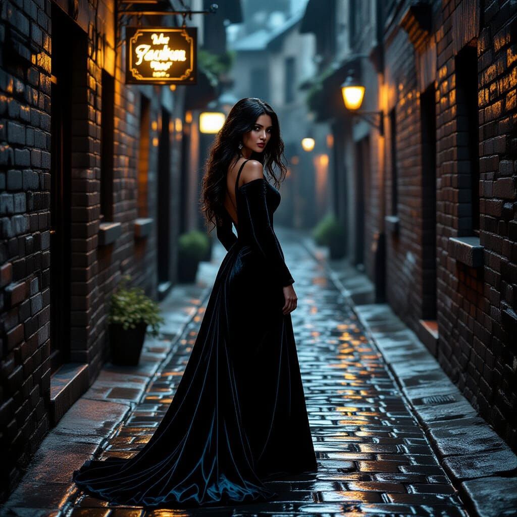 Melancholy Woman in Rainy Alleyway, Pre-Raphaelite Style