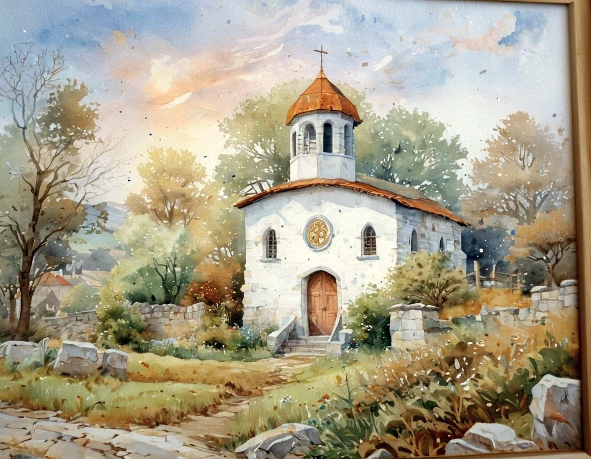 Small Church Watercolor in Comic Book Art Style