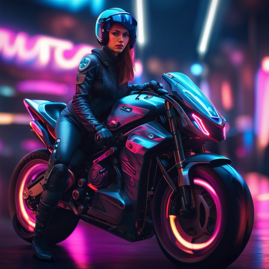 Cyberpunk Motorcycle Racer in Neon Cityscape