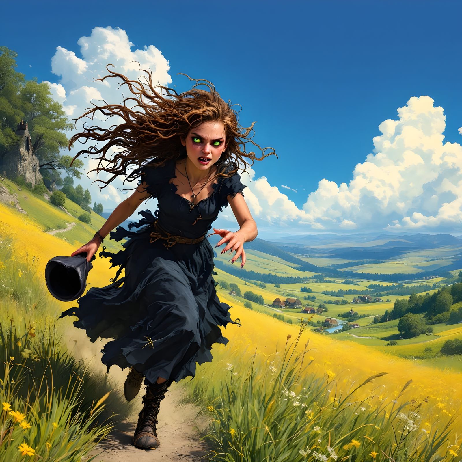 A Terrified Witch Flees a Demon in a Serene Valley