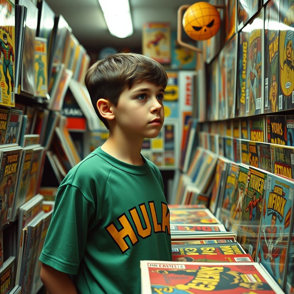 1970s Comic Book Store Scene with Boy