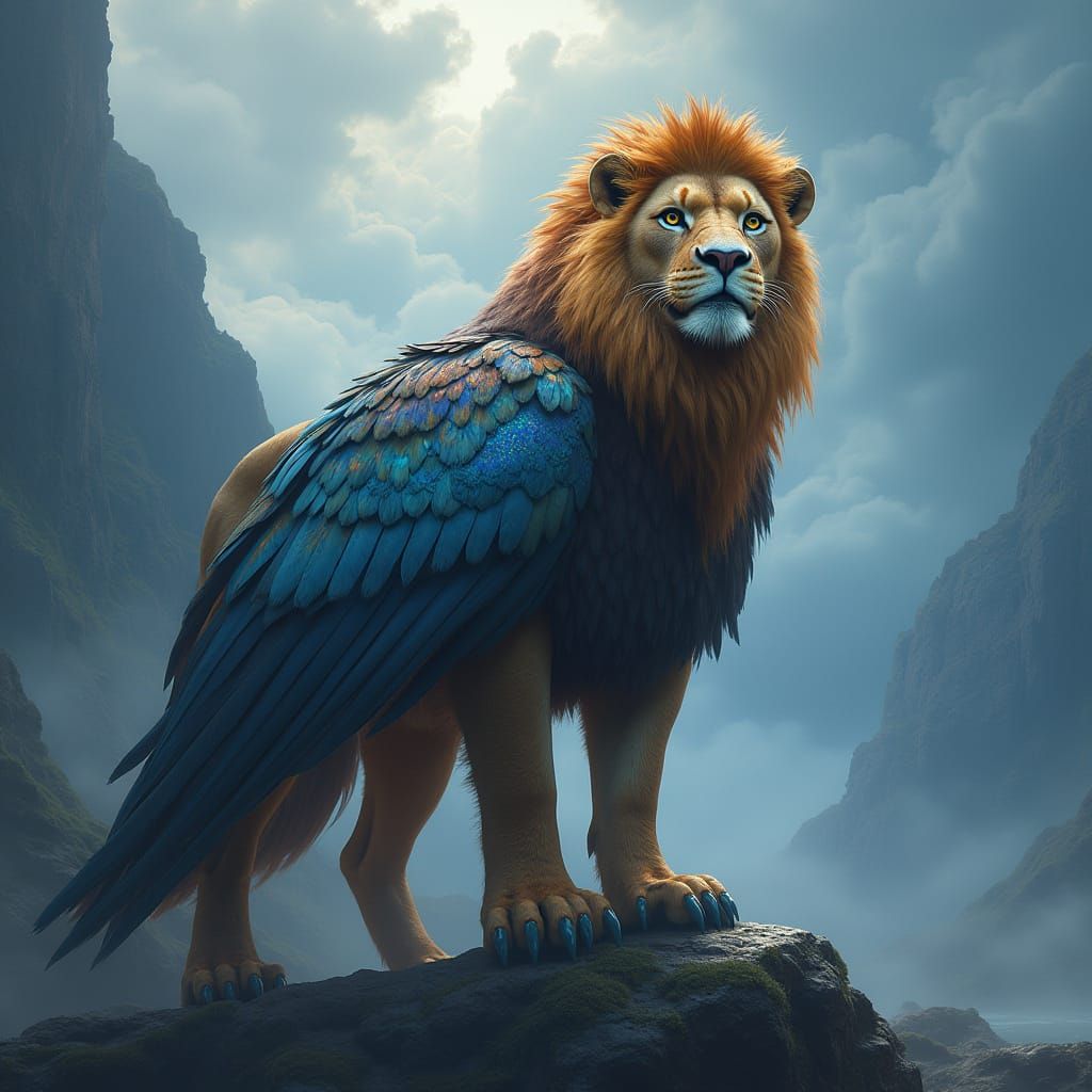 Majestic Lion-Eagle Hybrid in Hyper-Realistic Storm Landscap...