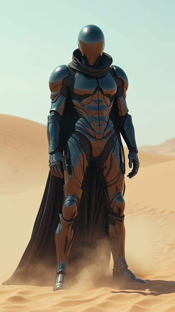 Futuristic Armored Figure in Surreal Desert Landscape