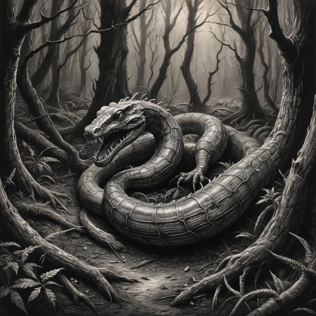 Wurm Slithers Through Forest: Charcoal Drawing